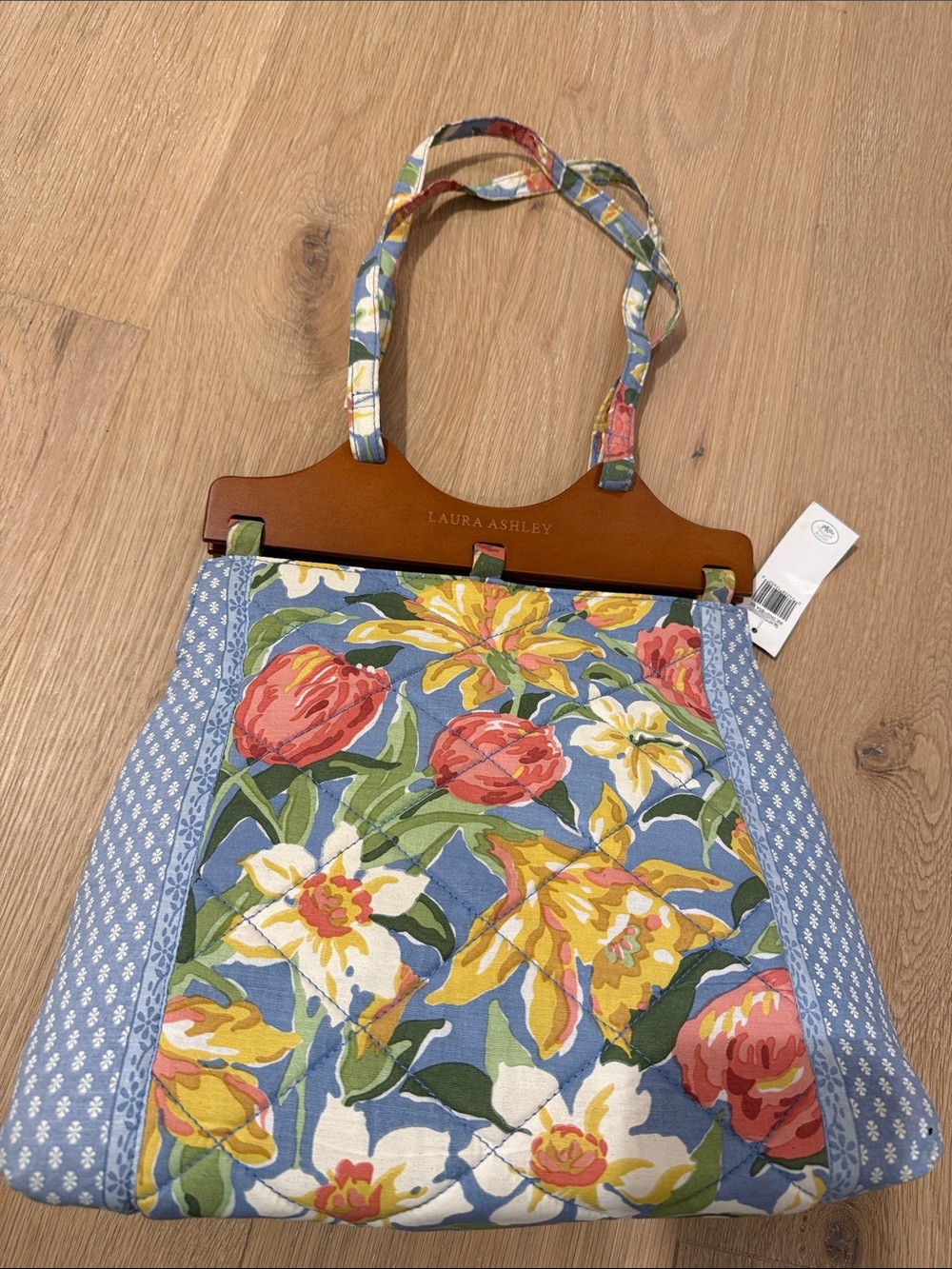 NWT Laura Ashley Floral Cotton Tote in Blue with Pink and Yellow Blooms - Picture 6 of 12